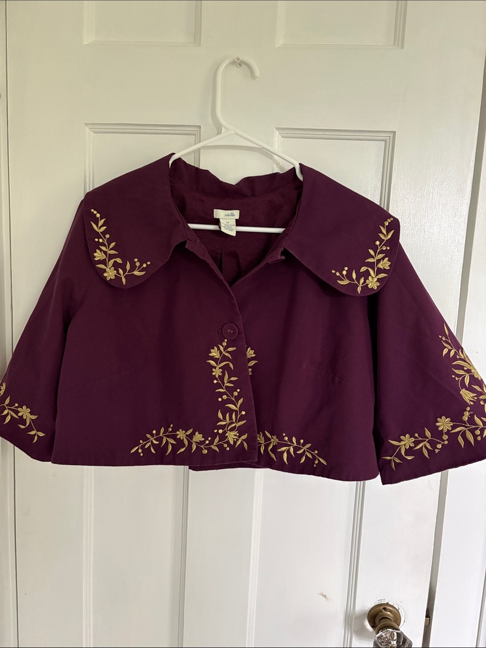 Odille Plum Button-Down Cropped Jacket with Gold Floral Embroidery